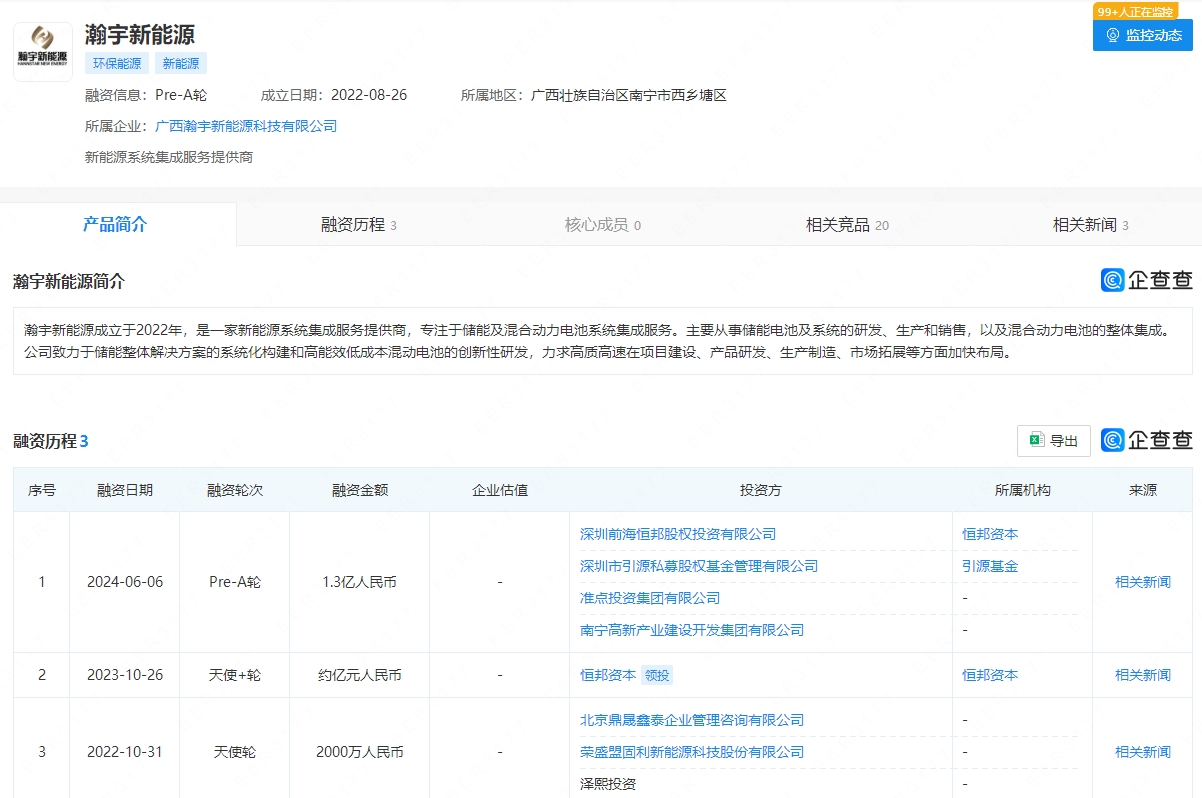 瀚宇新能源完成1.3亿元Pre-A轮融资 加速动力储能电池产能落地