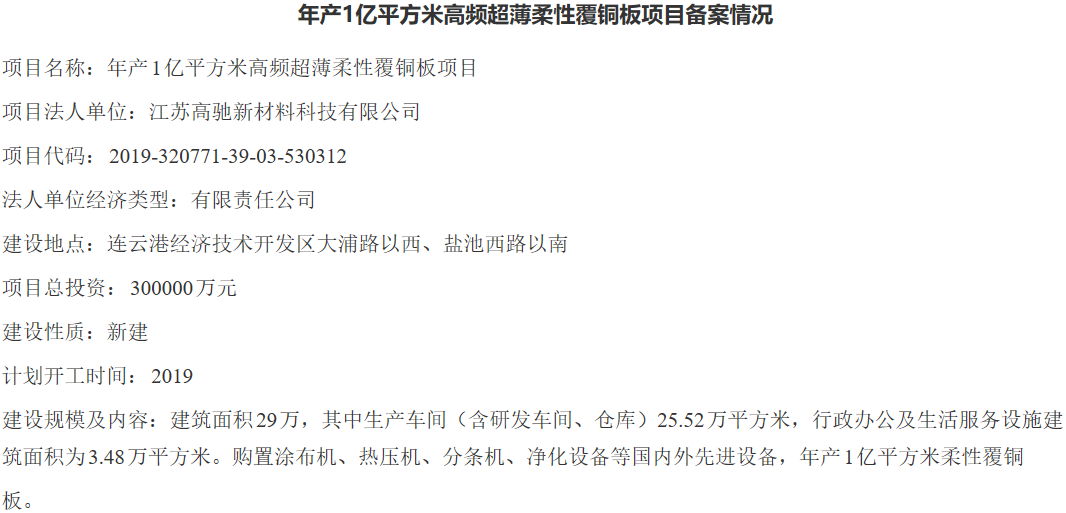 江苏高驰年产1亿平方米高频超薄柔性覆铜